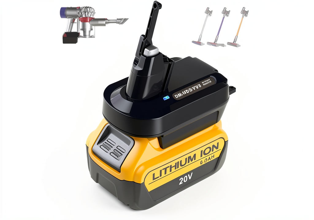 Swidan battery adapter connected to Dyson V7 vacuum and Dewalt battery