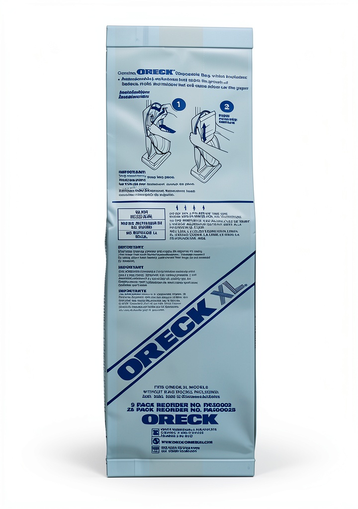 Oreck Commercial vacuum bag packaging and dimensions