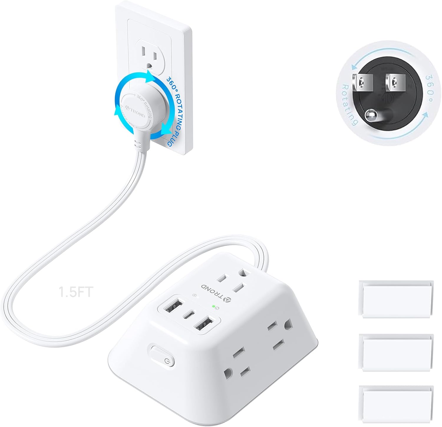 TROND power strip showing outlets and USB ports on a desk