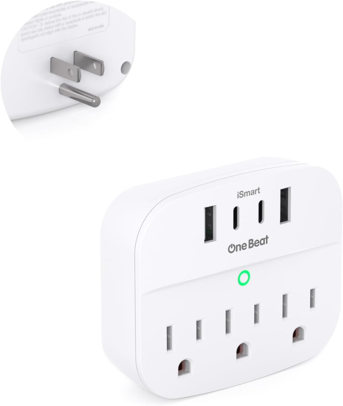 One Beat Power Strip Non Surge Protector Outlet Extender on a wooden desk beside a laptop, phone, and lamp