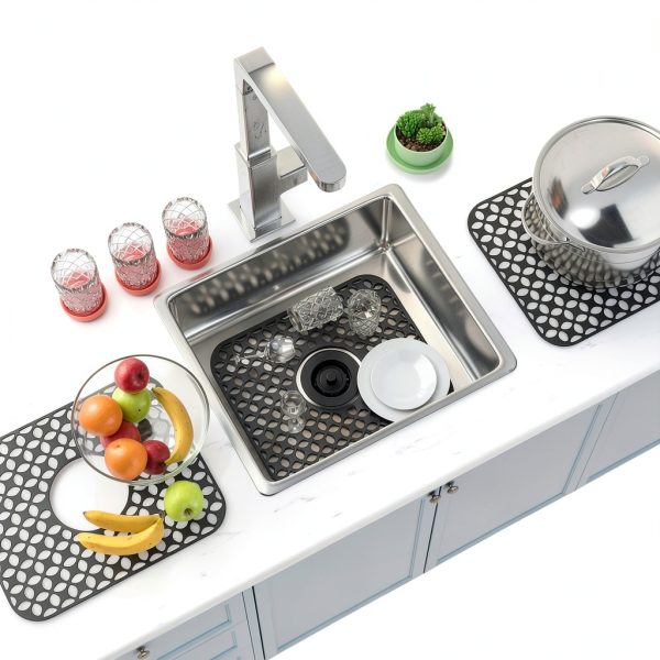 TOOVEM Silicone Sink Mat Black 2Pack-Center Drain Kitchen-4