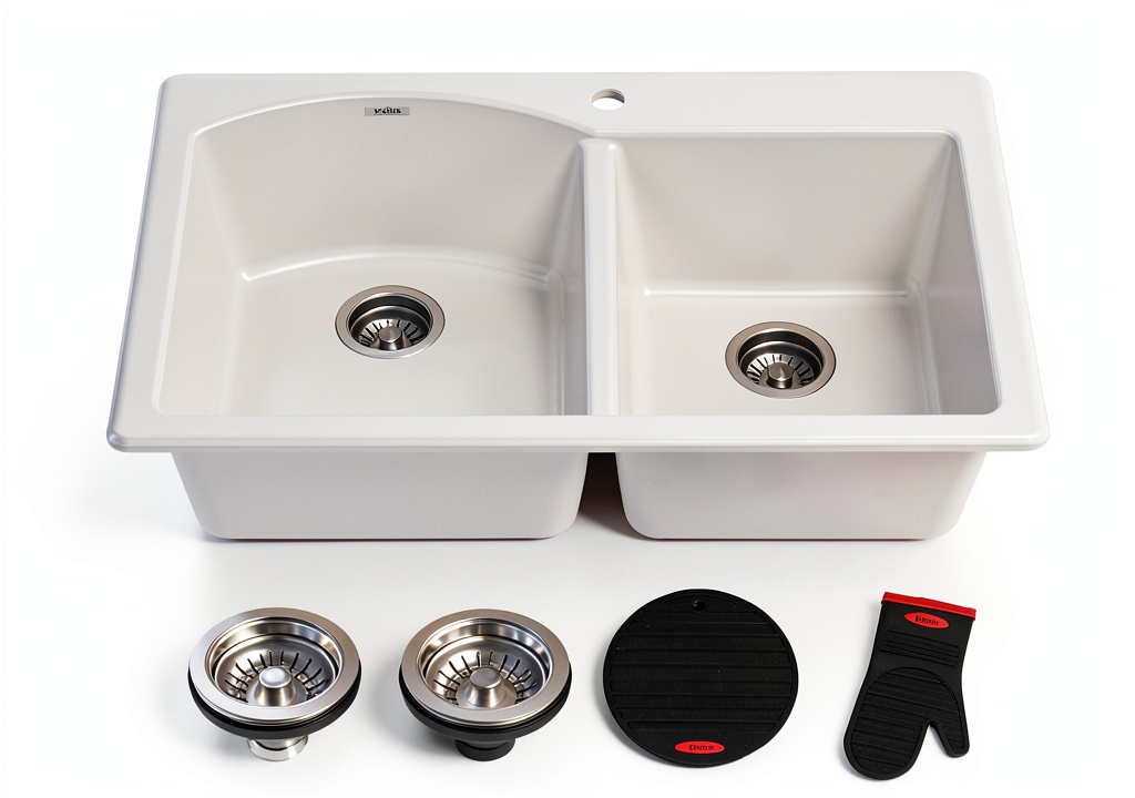 Kraus white granite double bowl sink installed in a modern kitchen