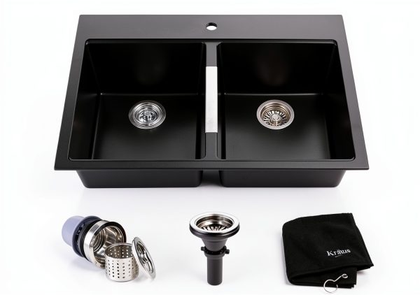 Kraus Kitchen Sink 33 Inch Black Onyx Double Bowl Granite Composite-1