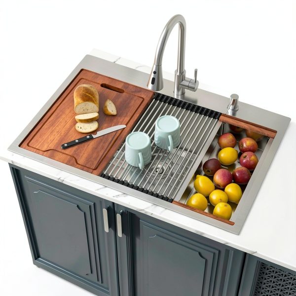 Lordear 33 Inch Drop In Kitchen Sink Workstation All In One SUS304 16 Gauge Stainless Steel 33x22 Drop In Sinks Single Bowl Handmade Above the Counter-0