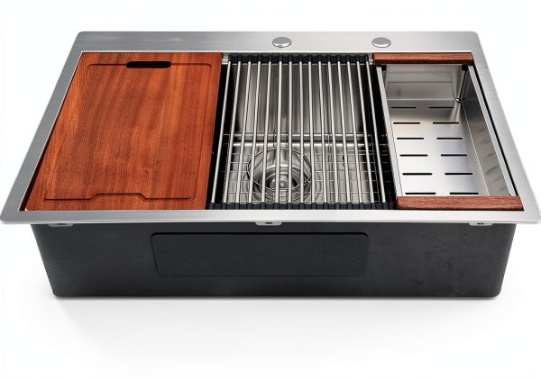 Lordear 33 Inch Drop In Kitchen Sink Workstation All In One SUS304 16 Gauge Stainless Steel 33x22 Drop In Sinks Single Bowl Handmade Above the Counter-7